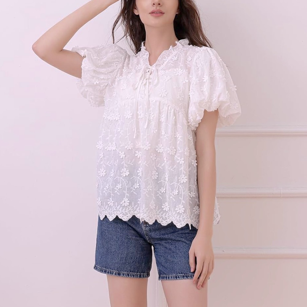 NWT White Embroidered Puff Sleeve Blouse – XL Floral Lace, Ruffle Neckline